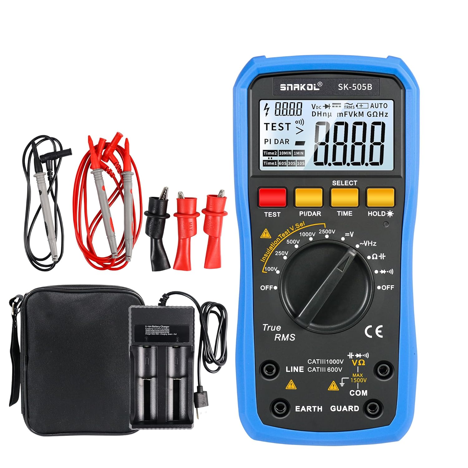 Electrician using SNAKOL SK-505A multimeter on a circuit breaker panel