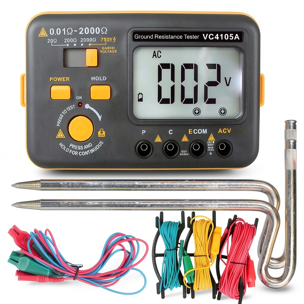 Technician using SKYCENX VC4105A ground resistance meter on a construction site