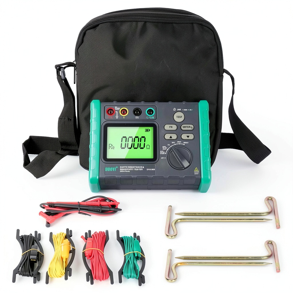 Technician using DUOYI ground resistance tester on a construction site