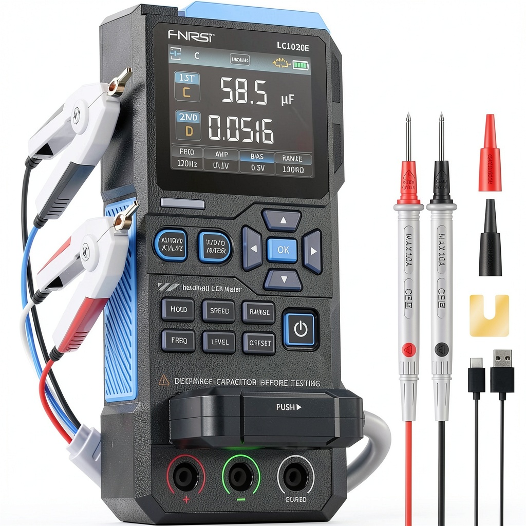 FNIRSI LC1020E being used on a workbench with electronic components
