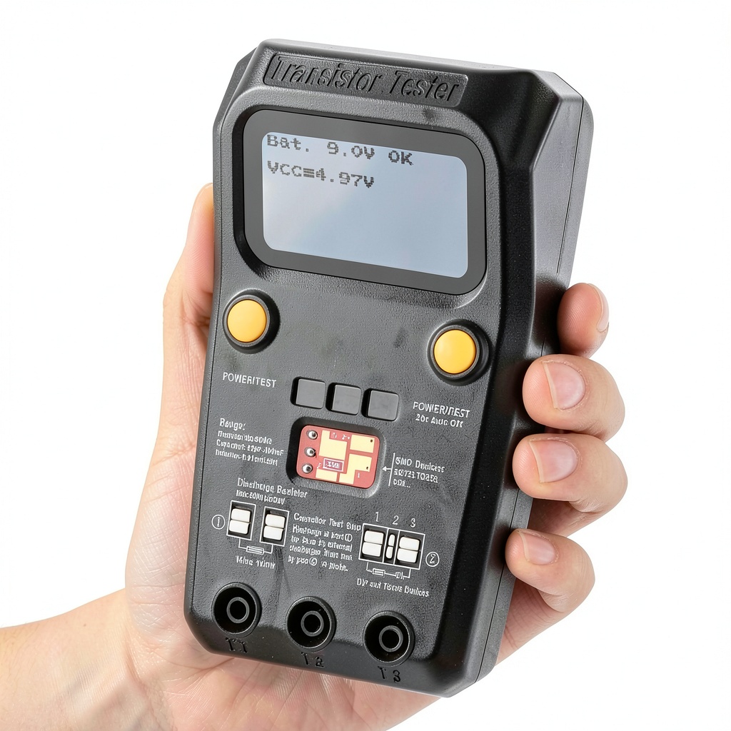 Technician using ESR02 Pro handheld LCR meter on a circuit board