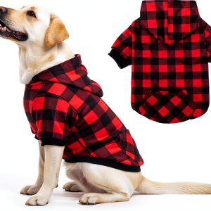 Dog Hoodie PAWNISAW Plaid Sweatshirt with Pocket for Small-XXL Red-0